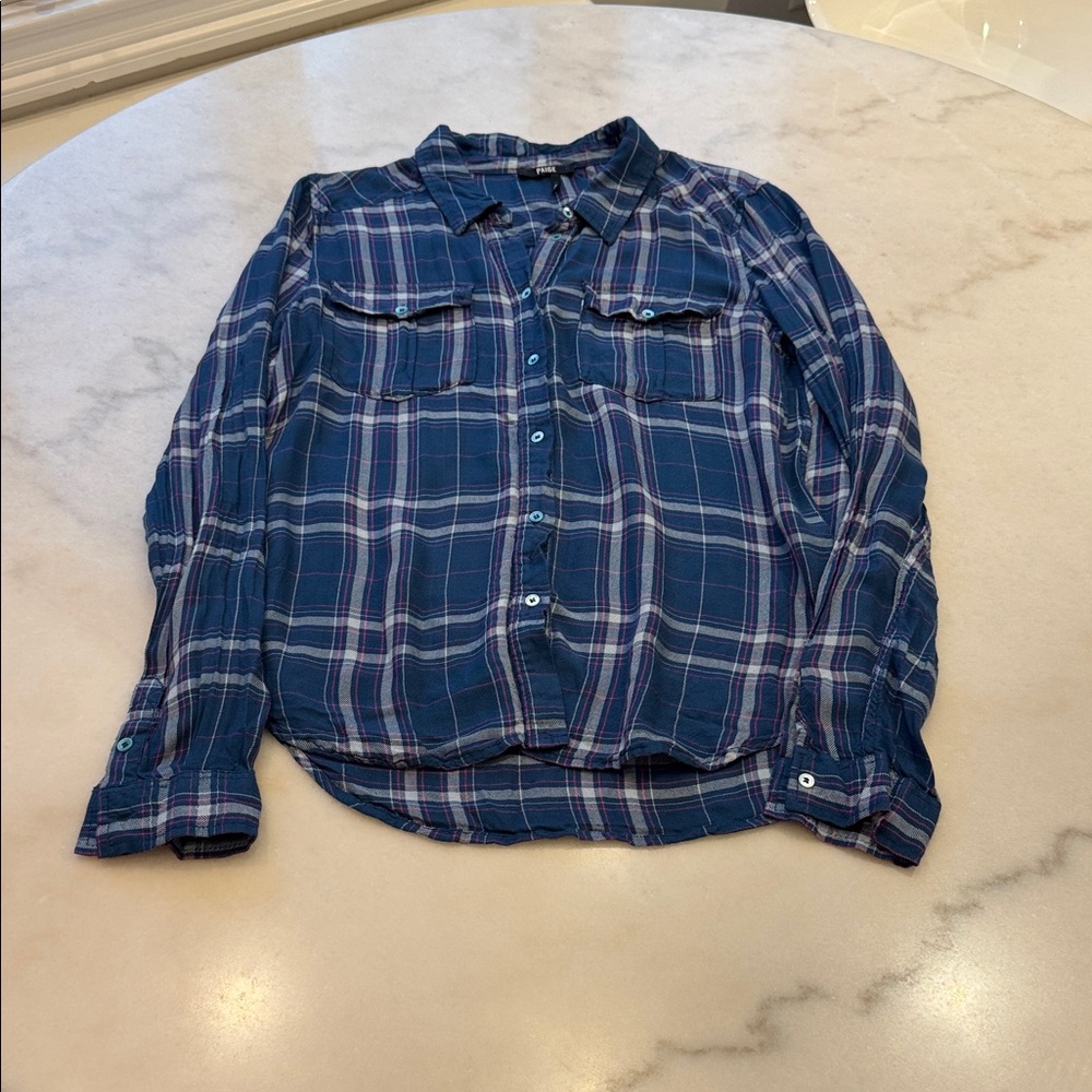 NWOT PAIGE Navy and White Plaid LIGHT FLANNEL Shirt